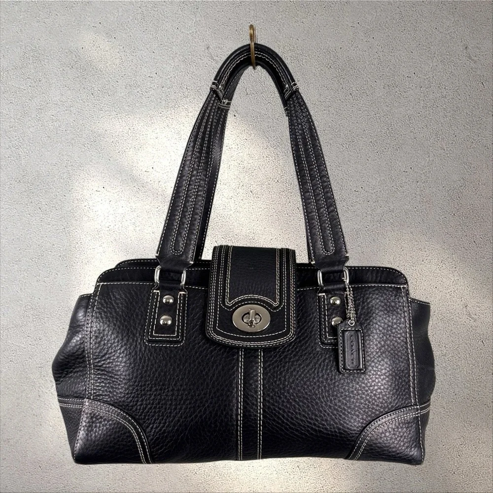 Coach Hampton Black Pebbled Leather Satchel Bag F13961 Turnlock